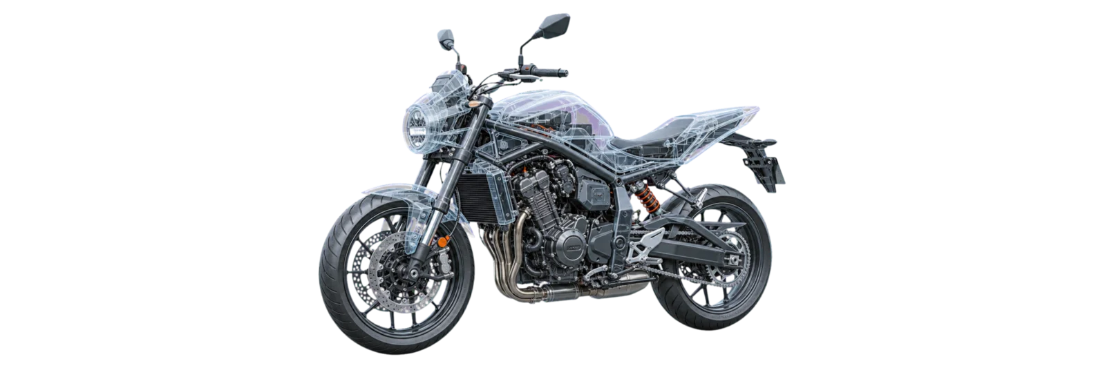 Motocicleta mostrada en una vista de rayos X
